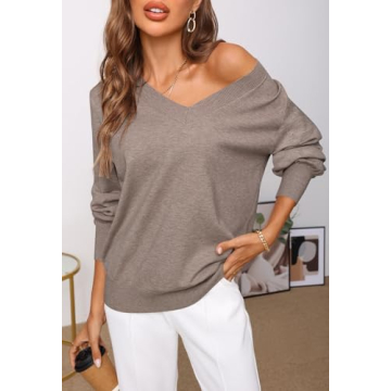 MEROKEETY Women's 2024 Fall Long Sleeve V Neck Tops Casual Lightweight Knit Pullover Sweater Shirts, Cashmere, XL