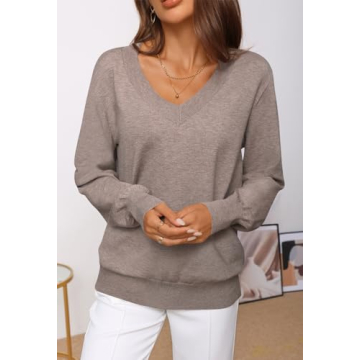 MEROKEETY Women's 2024 Fall Long Sleeve V Neck Tops Casual Lightweight Knit Pullover Sweater Shirts, Cashmere, XL