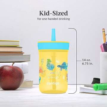 Contigo Kids’ Leighton Straw Tumbler with Spill-Proof Leak-Proof Lid, 14oz, Pineapple/Dinos