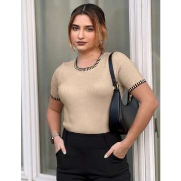 luvamia Womens Fashion Dressy Casual Crewneck Short Sleeve Ribbed Knit Tops for Women Date Night Tops for Women Summer Tops for Women 2024 Blouses for Women Light Beige Size Small Fits Size 4 Size 6