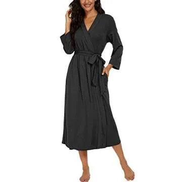 VINTATRE Women Kimono Robes Long Knit Bathrobe Lightweight Soft Knit Sleepwear V-neck Casual Ladies Loungewear Dark Gray-Large