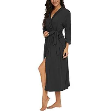 VINTATRE Women Kimono Robes Long Knit Bathrobe Lightweight Soft Knit Sleepwear V-neck Casual Ladies Loungewear Dark Gray-Large
