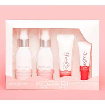 Kopari Face the Day & Night Kit - This Travel Size Coconut Skincare System includes our Coconut Cleansing Oil, Coconut Rose Toner, Coconut Face Cream and Coconut Lip Love