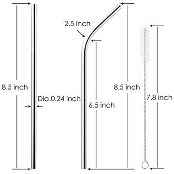 YIHONG 8 Pcs Reusable Metal Drinking Straws - 8.5Inch Stainless Steel Straws - 6mm Diameter Wide- Compatible with 20oz Yeti Tumblers - For Cold Beverage - 4 Straight + 4 Bent + 2 Brushes+1 Pouch