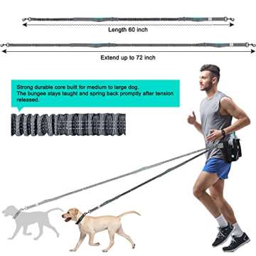 SHINE HAI Retractable Hands Free Dog Leash with Dual Bungees for 2 Dogs, Adjustable Waist Belt Fanny Pack, Reflective Stitching Leash for Running Walking Hiking Jogging Biking Black