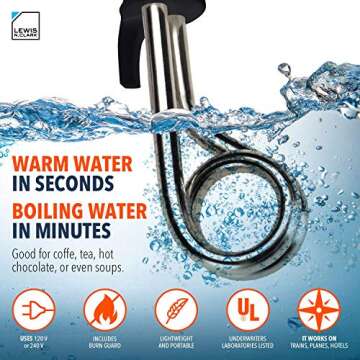 Lewis N. Clark Portable Immersion Water Heater, Electric Kettle Alternative for Coffee, Tea + Hot Ch...