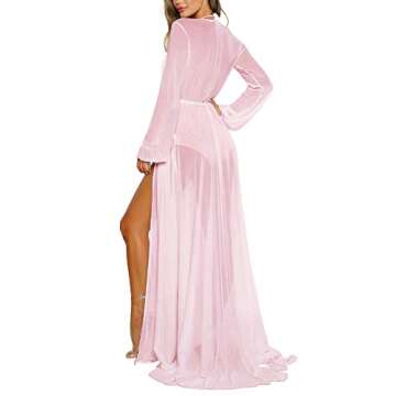 Sovoyontee Women's Sexy Pink Mesh Long Sleeve Swimsuit Swim Beach Cover Up Dress Robes S