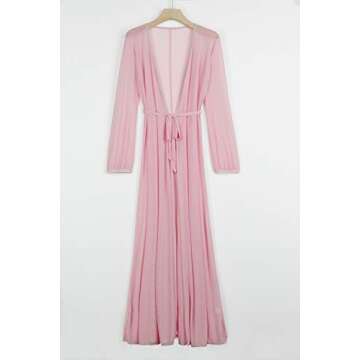 Sovoyontee Women's Sexy Pink Mesh Long Sleeve Swimsuit Swim Beach Cover Up Dress Robes S