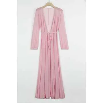 Sovoyontee Women's Sexy Pink Mesh Long Sleeve Swimsuit Swim Beach Cover Up Dress Robes S