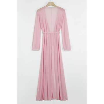 Sovoyontee Women's Sexy Pink Mesh Long Sleeve Swimsuit Swim Beach Cover Up Dress Robes S