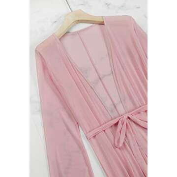 Sovoyontee Women's Sexy Pink Mesh Long Sleeve Swimsuit Swim Beach Cover Up Dress Robes S