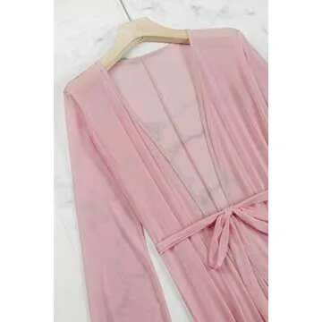 Sovoyontee Women's Sexy Pink Mesh Long Sleeve Swimsuit Swim Beach Cover Up Dress Robes S
