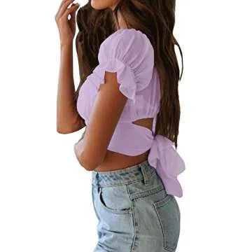 LYANER Women's Ruffle Short Sleeve Tie Up Back Crop Top Off Shoulder Bardot Blouse Lavender Small