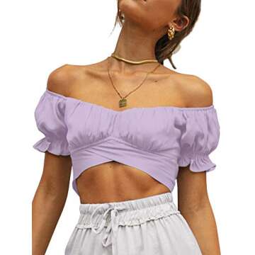 LYANER Women's Ruffle Short Sleeve Tie Up Back Crop Top Off Shoulder Bardot Blouse Lavender Small