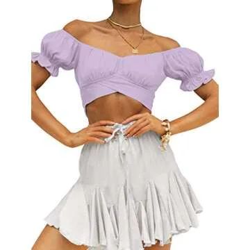 LYANER Women's Ruffle Short Sleeve Tie Up Back Crop Top Off Shoulder Bardot Blouse Lavender Small