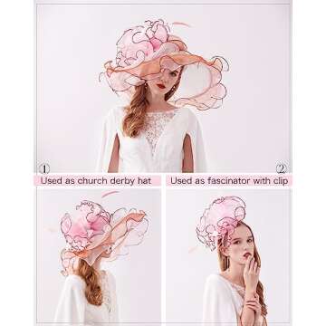 Z&X Organza Church Wedding Hat Bow Flower Fascinator Hairpin Wide Brim Sun Hats for Women Tea Party ...