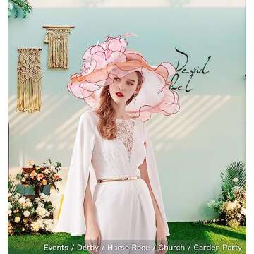 Z&X Organza Church Wedding Hat Bow Flower Fascinator Hairpin Wide Brim Sun Hats for Women Tea Party Pink