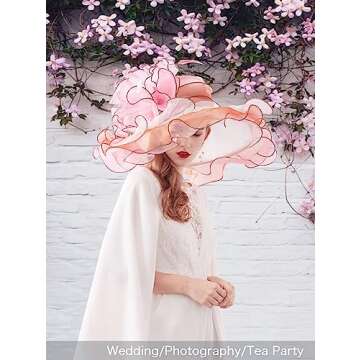 Z&X Organza Church Wedding Hat Bow Flower Fascinator Hairpin Wide Brim Sun Hats for Women Tea Party Pink