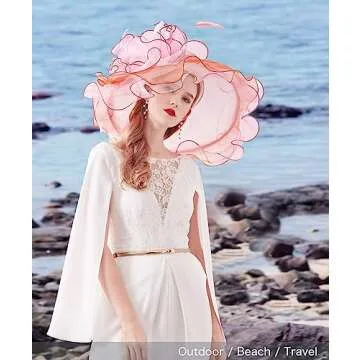 Z&X Organza Church Wedding Hat Bow Flower Fascinator Hairpin Wide Brim Sun Hats for Women Tea Party Pink