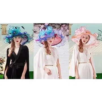 Z&X Organza Church Wedding Hat Bow Flower Fascinator Hairpin Wide Brim Sun Hats for Women Tea Party Pink