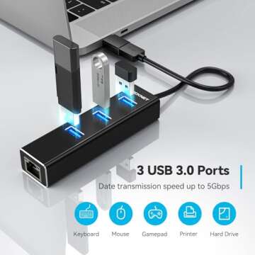 TECKNET USB to Ethernet Adapter, USB C to Ethernet, Aluminum 3 Port USB 3.0 Hub with RJ45 10/100/1000 Gigabit Ethernet Adapter Converter LAN Wired, USB Network Adapter with USB C for Laptop