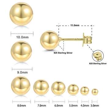 18K Gold Plated Sterling Silver Ball Stud Earrings (3mm-8mm Options) | Hypoallergenic Jewelry