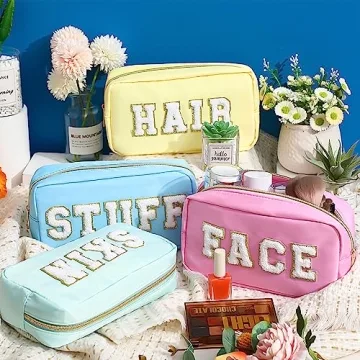 Cunno 4 Pcs Preppy Makeup Bag Chenille Letter Stuff Bag Nylon Cosmetic Bag Makeup Bag Toiletry Cosmetic Case with Zipper Makeup Pouch Christmas Gift for Women Travel(Pastel Colors,Vivid)