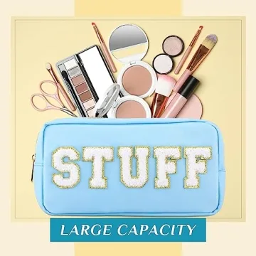 Cunno 4 Pcs Preppy Makeup Bag Chenille Letter Stuff Bag Nylon Cosmetic Bag Makeup Bag Toiletry Cosmetic Case with Zipper Makeup Pouch Christmas Gift for Women Travel(Pastel Colors,Vivid)