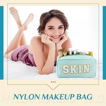 Cunno 4 Pcs Preppy Makeup Bag Chenille Letter Stuff Bag Nylon Cosmetic Bag Makeup Bag Toiletry Cosmetic Case with Zipper Makeup Pouch Christmas Gift for Women Travel(Pastel Colors,Vivid)