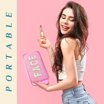 Cunno 4 Pcs Preppy Makeup Bag Chenille Letter Stuff Bag Nylon Cosmetic Bag Makeup Bag Toiletry Cosmetic Case with Zipper Makeup Pouch Christmas Gift for Women Travel(Pastel Colors,Vivid)