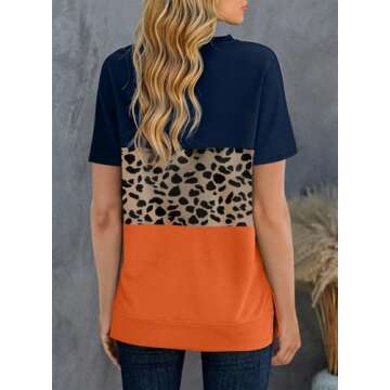 Biucly Women's Color Block Leopard Print T-Shirts Summer Sexy Short Sleeve Crewneck Loose Tee Tops T Shirt for Womens 2025,US 18-20(2XL),Blue,Panther,Orange