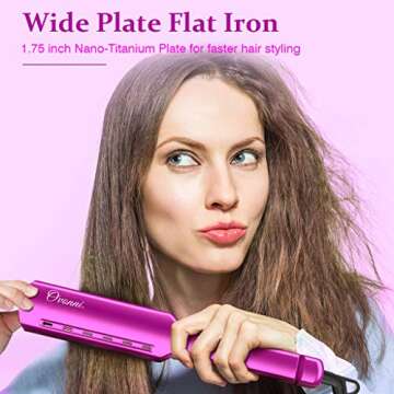 Ovonni Nano Titanium Hair Straightener Dual Voltage 1 3/4 Inch Wide Plate Flat Iron Professional Instant Heat Up Auto Shut Off Adjustable Temperature Straightener Iron for All Hair Types (1.75 inch)