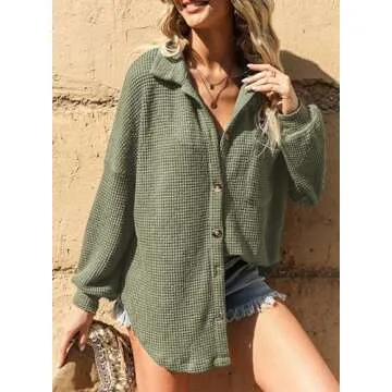 Dokotoo Womens Waffle Knit Button Down Tops Casual Long Sleeve Blouses