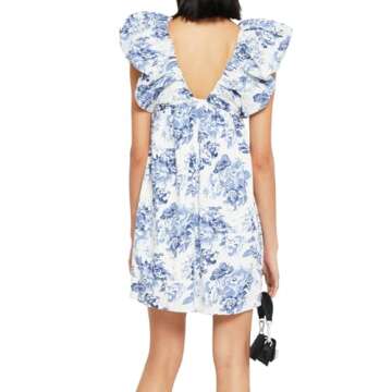 hibshaby Women's Floral Print Mini Dress V Neck Puff Sleeve Dress Short Babydoll Bow Dress M