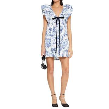 hibshaby Women's Floral Print Mini Dress V Neck Puff Sleeve Dress Short Babydoll Bow Dress M