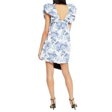 hibshaby Women's Floral Print Mini Dress V Neck Puff Sleeve Dress Short Babydoll Bow Dress M