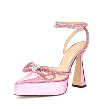 ARQA Women's Rhinestone Bow Platforms - Elegant Chunky Heel Pink Pumps for Weddings
