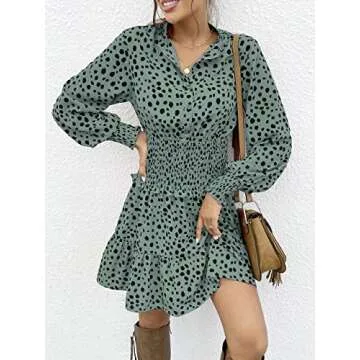 PRETTYGARDEN 2023 Cute Dresses for Women - Summer Long Sleeve Button Ruffle Short Dresses (Green,Medium)