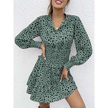 PRETTYGARDEN 2023 Cute Dresses for Women - Summer Long Sleeve Button Ruffle Short Dresses (Green,Medium)