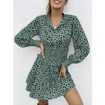 PRETTYGARDEN 2023 Cute Dresses for Women - Summer Long Sleeve Button Ruffle Short Dresses (Green,Medium)