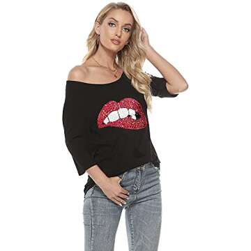 MAGICMK Women Casual Plus Size Lips Print Off Shoulder T-Shirt Tops (2XL, Black+SEQU)