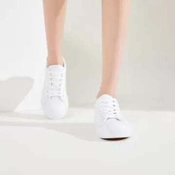 FRACORA Womens White Synthetic Leather Sneakers,Low Top White Shoes,Casual Tennis Shoes(White.US8)