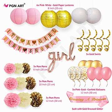PGN Art Pink and Gold Baby Shower Decorations For Girl GROWING A PRINCESS Mom To Be Sash IT'S A GIRL Garland Bunting Banner Tissue Paper Flower Pom Poms Paper Lanterns Party Decoration