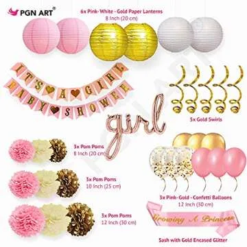 PGN Art Pink and Gold Baby Shower Decorations For Girl GROWING A PRINCESS Mom To Be Sash IT'S A GIRL Garland Bunting Banner Tissue Paper Flower Pom Poms Paper Lanterns Party Decoration
