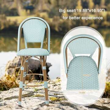 YOEEMZ Outdoor Bar Stools Set of 2 | 30 Inch Bar Height Rattan Patio Barstools with Back | Sturdy Aluminum Frame & Bamboo Finish | French Metal Chair, Powder Blue
