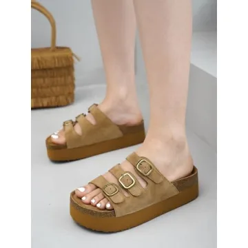 Project Cloud 100% Genuine Suede Womens Sandals - Wedges & Platform Sandals Women with Soft Lining & Memory Foam - Non-Slip Wedge Sandals for Women - 3 Strap Women Footwear (Dyan, Chestnut, 6.5)
