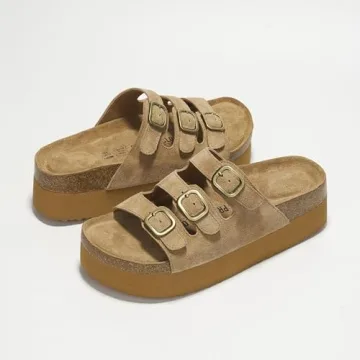 Project Cloud 100% Genuine Suede Womens Sandals - Wedges & Platform Sandals Women with Soft Lining & Memory Foam - Non-Slip Wedge Sandals for Women - 3 Strap Women Footwear (Dyan, Chestnut, 6.5)