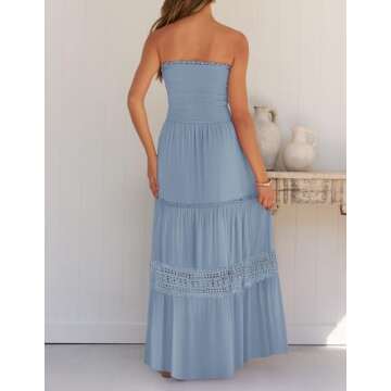 ZESICA Women's 2024 Summer Bohemian Strapless Off Shoulder Lace Trim Backless Flowy A Line Beach Long Maxi Dress,SkyBlue,Large