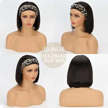 AISI QUEENS Headband Wig Human Hair For Black Women Bob Wigs Glueless Human Hair Short Bob Headband Wigs (10 Inch, Bob Headband Wigs)