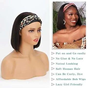 AISI QUEENS Headband Wig Human Hair For Black Women Bob Wigs Glueless Human Hair Short Bob Headband Wigs (10 Inch, Bob Headband Wigs)